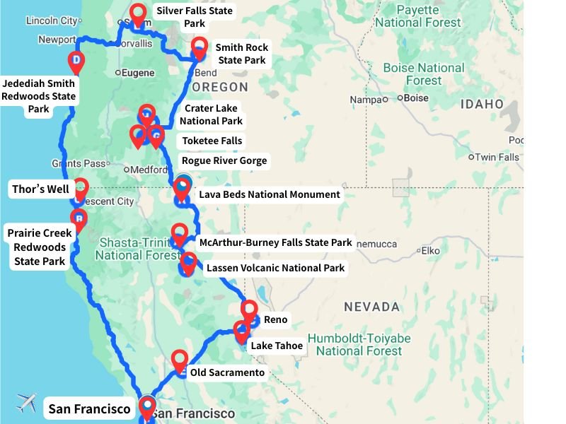 Map-West Coast USA road trip itinerary