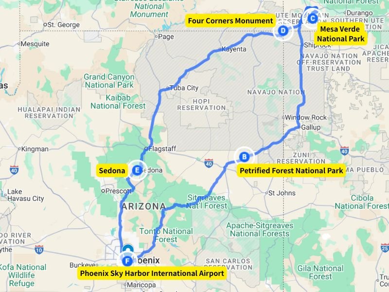 MAP-Southwest USA Road Trip Itinerary from Phoenix