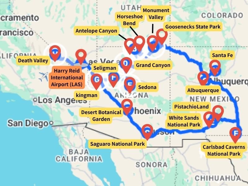 Map of Southwest USA road trip itinerary