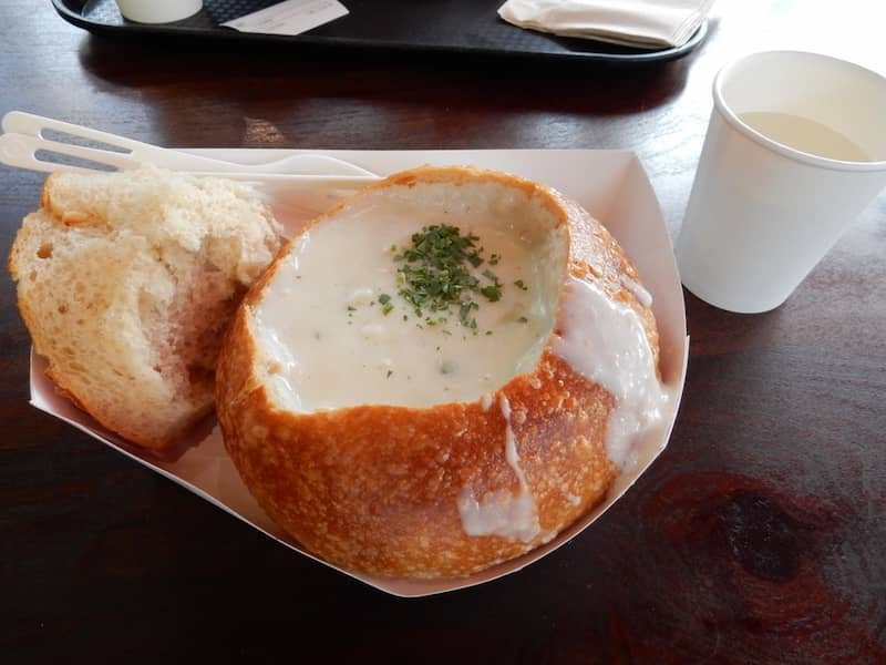 clam chowder in sourdough bread at Boudin Bakery