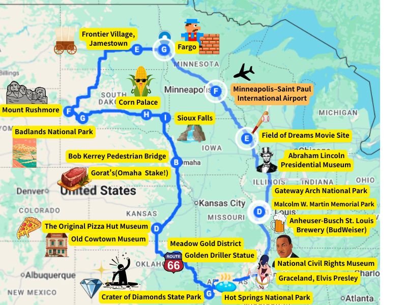 the Middle of the USA road trip map